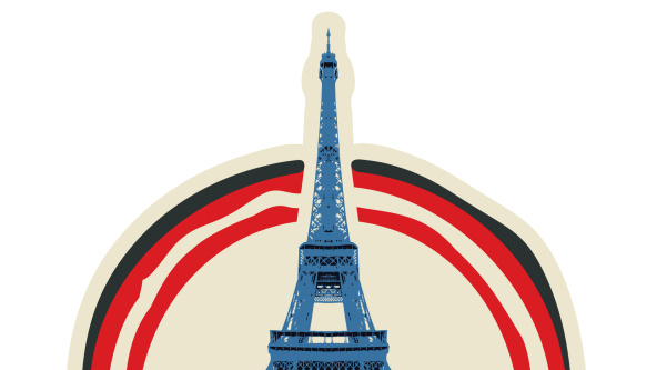 A badge with the Eiffel Tower that reads 'parlez-vous Francais'