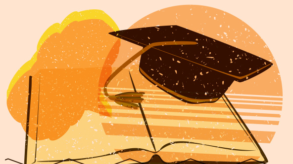 An illustration of a mortar board on an open book