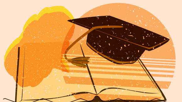 An illustration of a mortar board on an open book