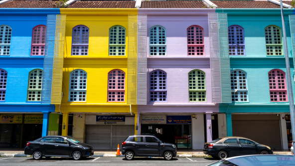 Colourful buildings in Jalan Roberts, a photogenic street in downtown in Bandar Seri Begawan, Brunei