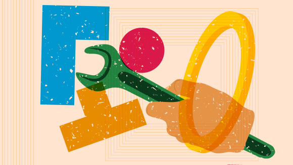 A risograph image of a hand holding a spanner with abstract geometric shapes surrounding