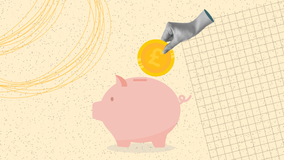 Composite image showing a hand placing a pound coin into a pink pig piggy bank