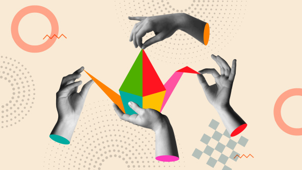 Pop art illustration showing four hands, each one working on a different part of an origami swan