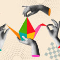 Pop art illustration showing four hands, each one working on a different part of an origami swan