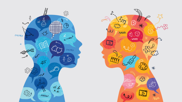 Two colourful outlines of heads, each one filled with speech bubbles containing symbols, doodles, mathematical formulae