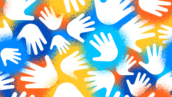 White hand prints on a multicoloured stipple-effect background