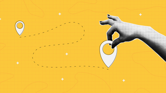 A halftone hand holding map location pointer