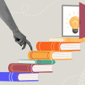 An illustration showing a staircase made from stacked books and at the top is an open book with a glowing lightbulb