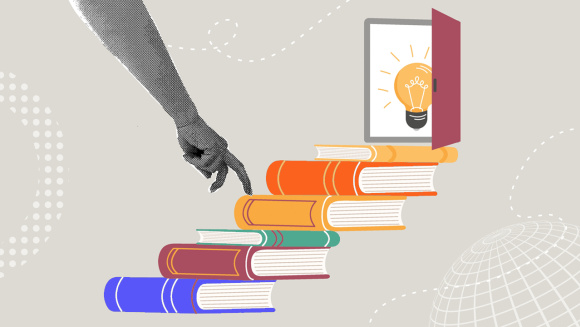 An illustration showing a staircase made from stacked books and at the top is an open book with a glowing lightbulb