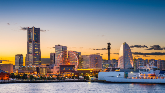 Yokohama, Japan sunset skyline.
