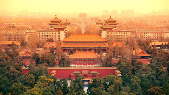 Aerial view of Beijing with historical architecture, China.