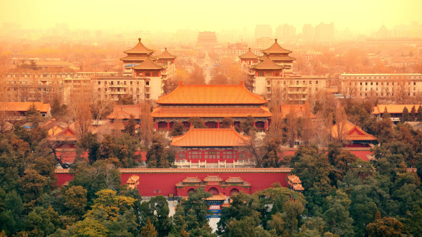 Aerial view of Beijing with historical architecture, China.