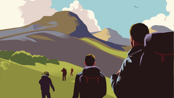Illustration of landscape with hills, mountains and walkers in retro crosshatch style