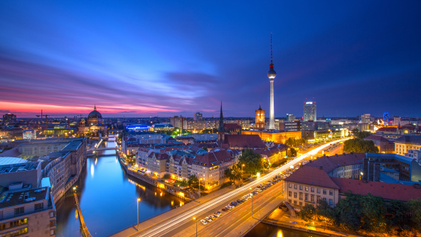 Berlin Skyline City Panorama with blue sky sunset and traffic