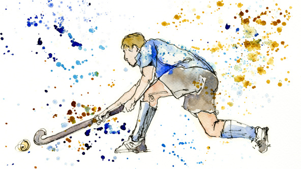 A water colour painting of a hockey player striking the ball