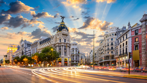 Madrid, Spain cityscape at Calle de Alcala and Gran Via.