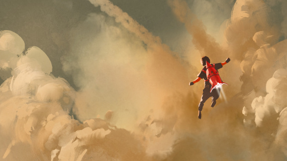 A child flying through the sky with a rocket on his back