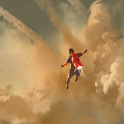 A child flying through the sky with a rocket on his back
