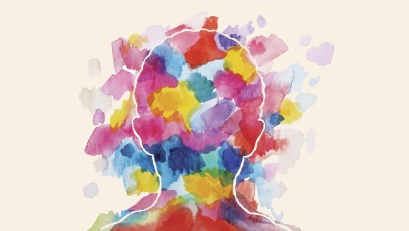 And illustration showing the outline of a child's head coloured in with watercolour blotches