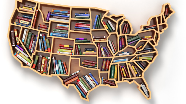 A 3d illustration of book shelf as map of USA