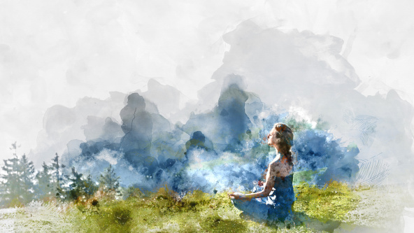 A watercolour painting of someone meditating