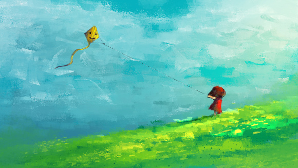 A painting of a small child in red flying a yellow kite