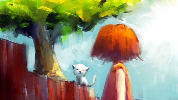 Red dress girl looking at white cat on wooden fence