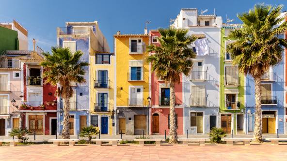 Colorful beach homes in Mediterranean Villajoyosa, Southern Spain