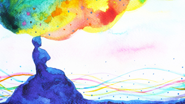 A watercolour of a child on a hill with colours representing imagination