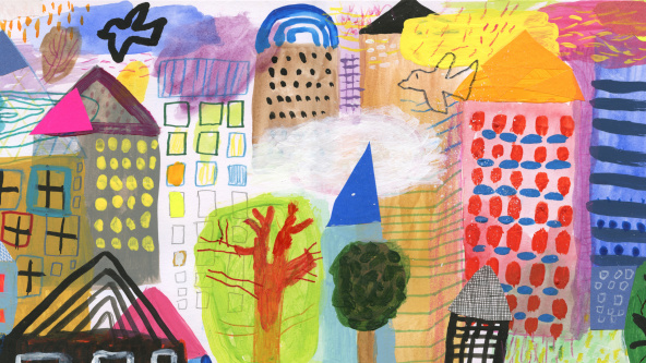 Mixed media painting of variety of buildings and birds in a city