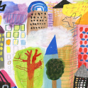 Mixed media painting of variety of buildings and birds in a city