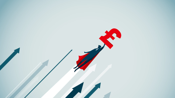 A superhero flying with a &pound; sign