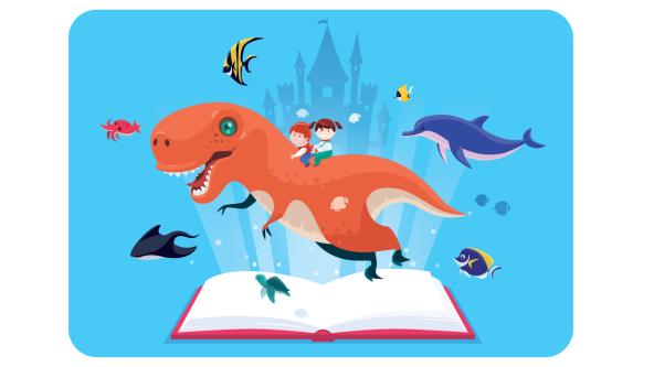 Two children riding a dinosaur from a book
