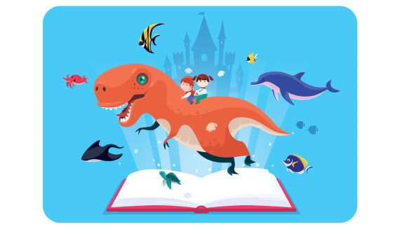 Two children riding a dinosaur from a book
