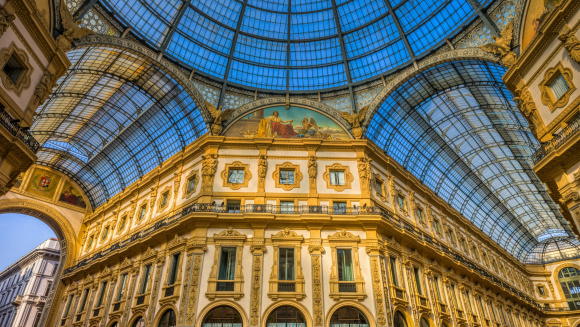 A photograph showing the shop fronts and glass roof of Galleria Vittorio Emanuele II, the world's oldest active shopping mall