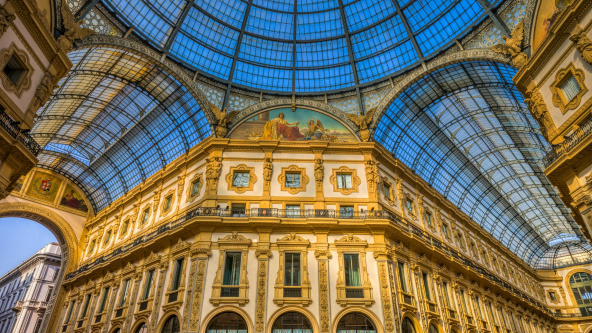 A photograph showing the shop fronts and glass roof of Galleria Vittorio Emanuele II, the world's oldest active shopping mall