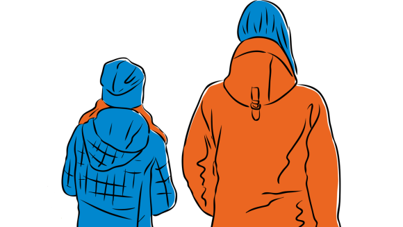 A mother and daughter seen from behind