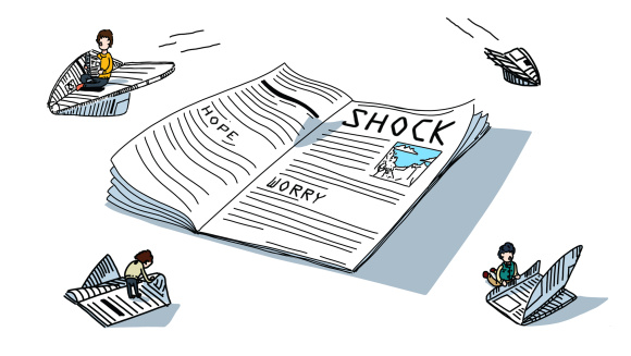 A cartoon showing children turning a newspaper into paper aeroplanes and then flying on them