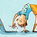 A boy doing gymnastics in front of a laptop
