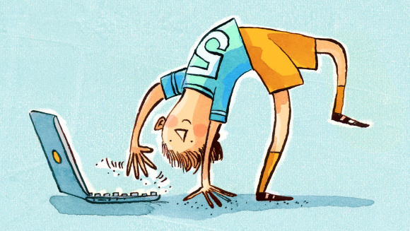 A boy doing gymnastics in front of a laptop