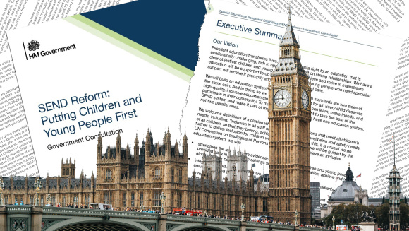 A composite image showing the houses of parliament in the foreground with pages from the SEND governement white paper in the background
