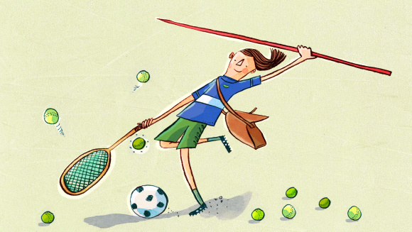 An illustration showing a child excelling at many sports at the same time