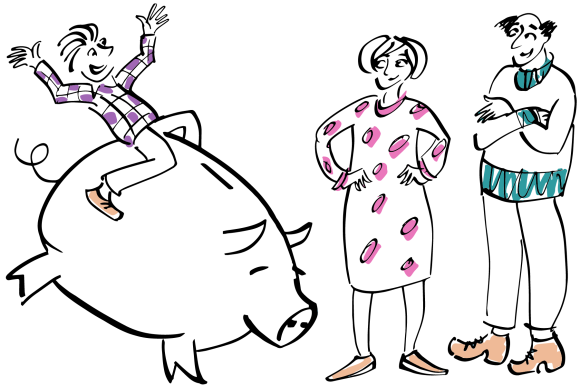 Two parents watching their child have great fun on a piggy bank