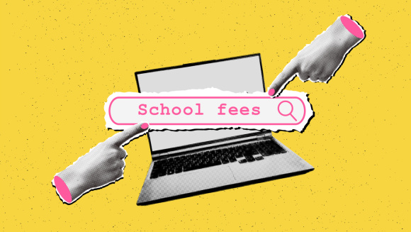 The future of school fees on a laptop with two fingers pointing
