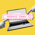 The future of school fees on a laptop with two fingers pointing