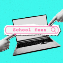 The future of school fees on a laptop with two fingers pointing