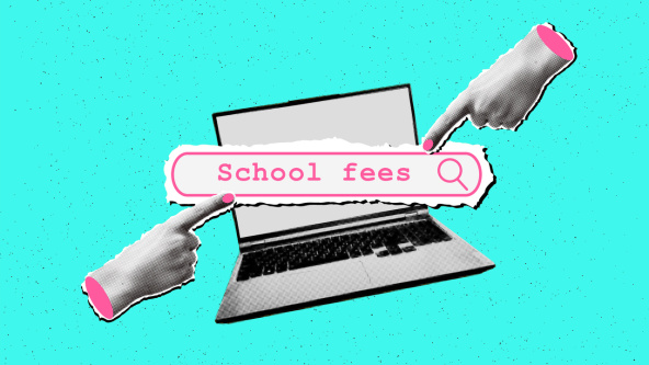 The future of school fees on a laptop with two fingers pointing