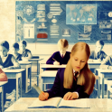 An illustration of a grammar school classroom with a young girl in colour in the foreground and school children in a blue tone in the background