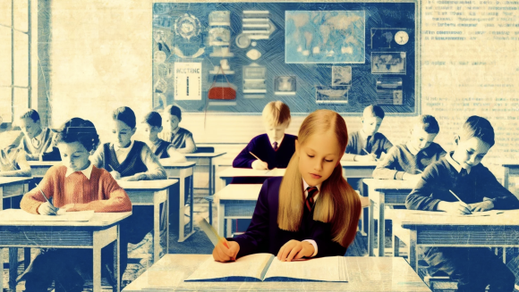 An illustration of a grammar school classroom with a young girl in colour in the foreground and school children in a blue tone in the background