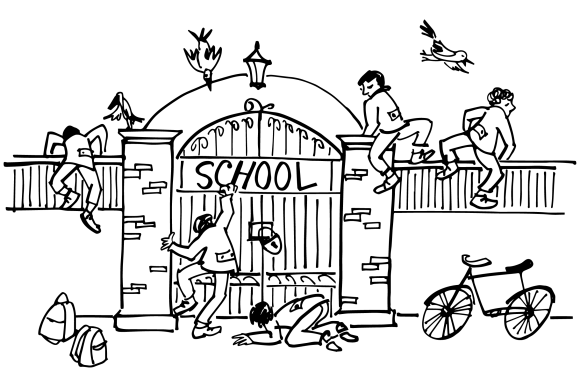 Children trying to get into a school